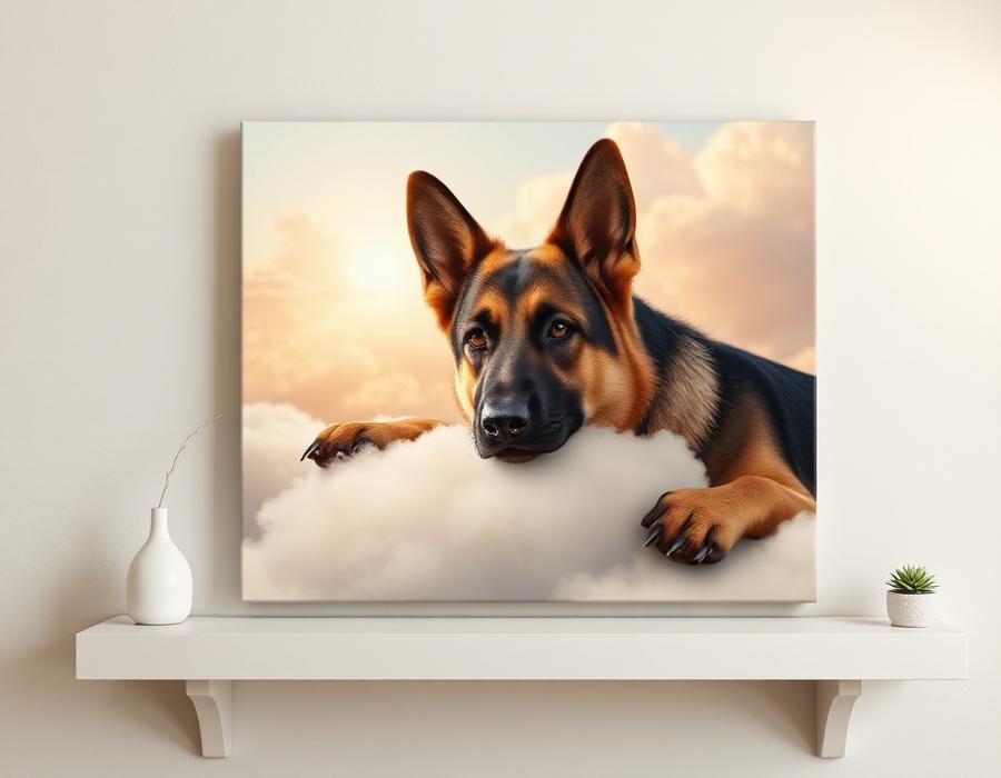 Memorial pet portrait resting on soft clouds
