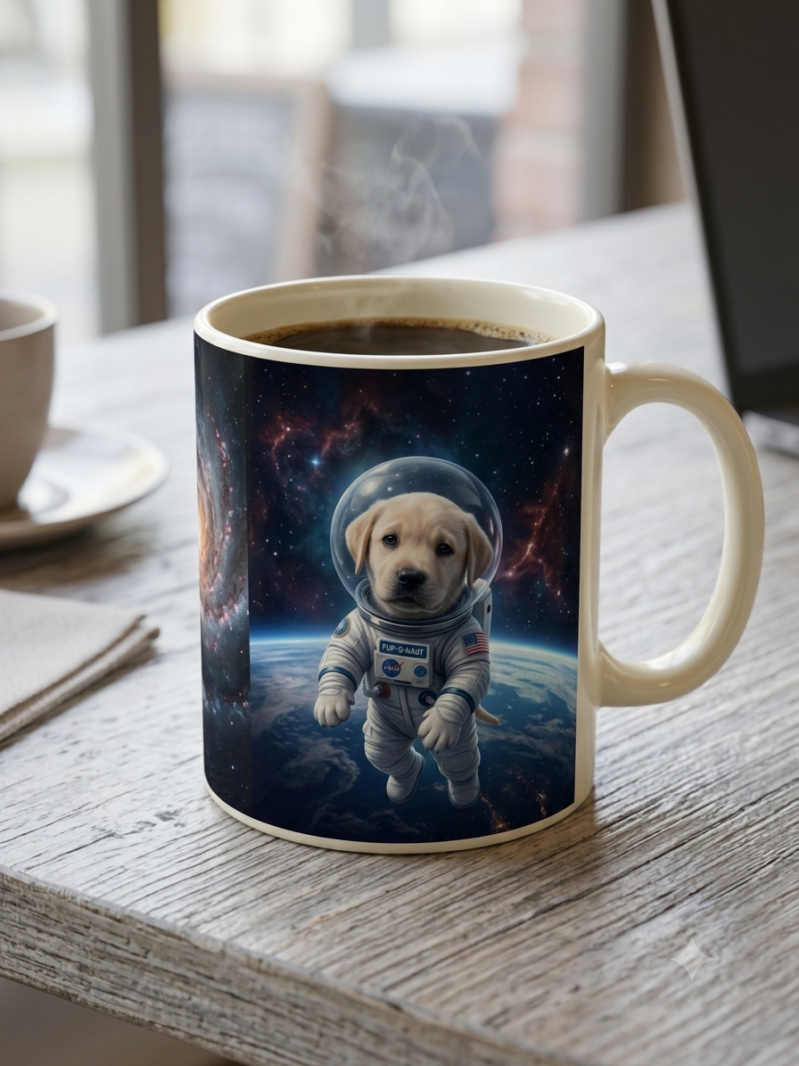 Cosmo the Astronaut Mug hanging on a living room wall
