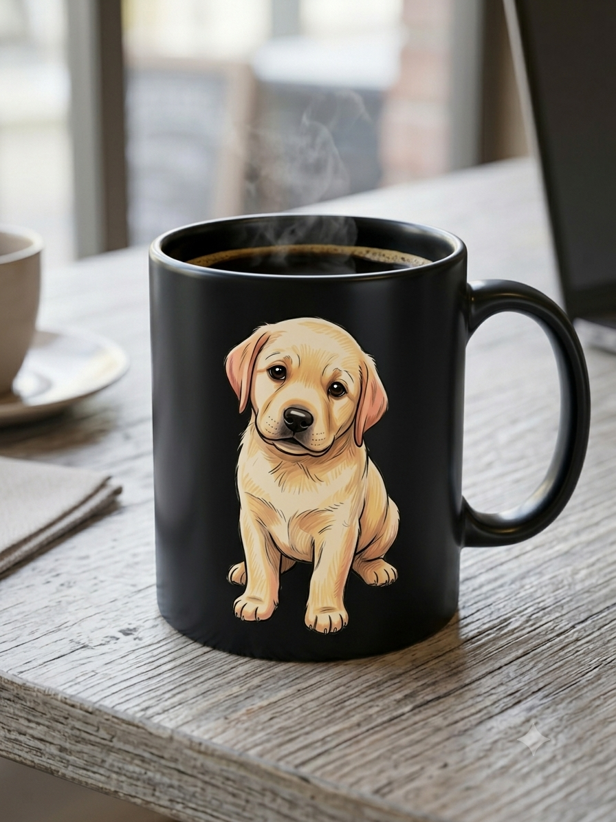Buddy's Puppy Mug hanging on a living room wall