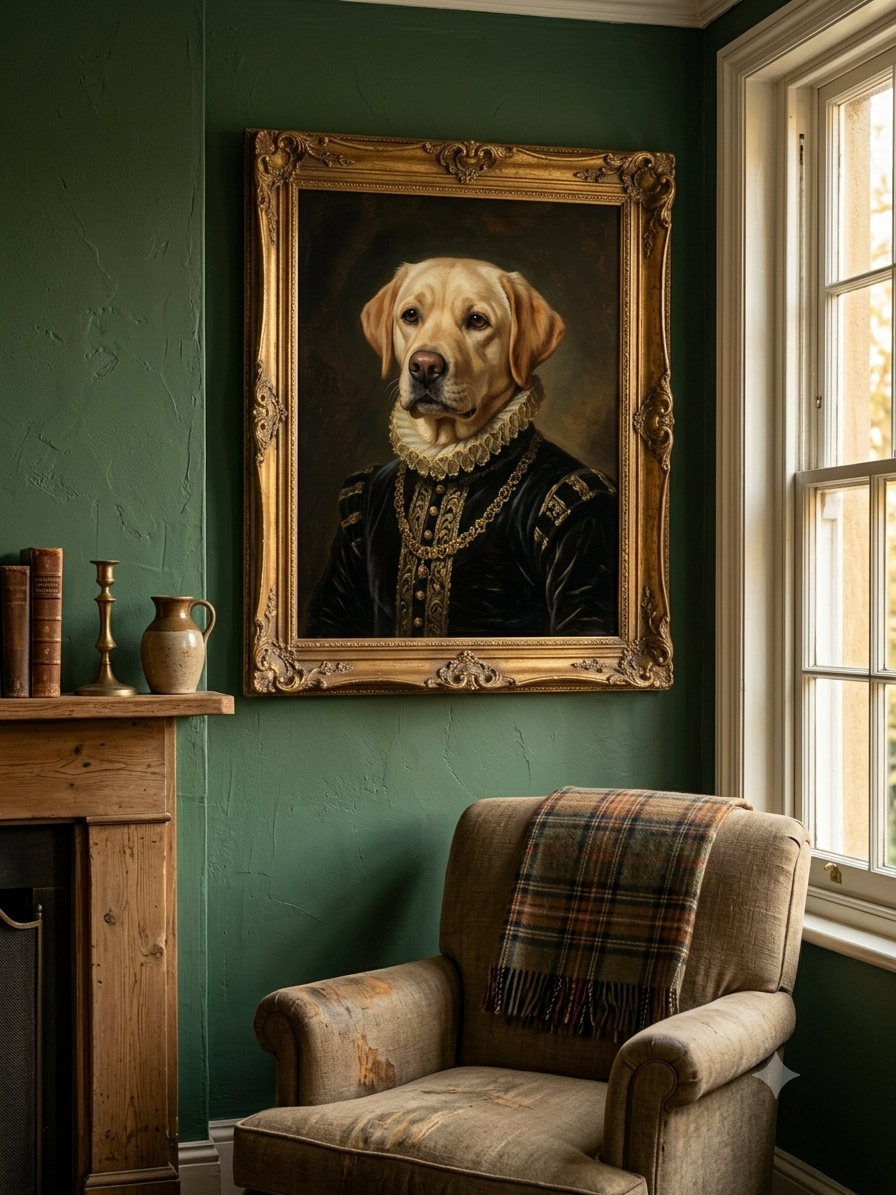 Bella's Royal Portrait hanging on a living room wall